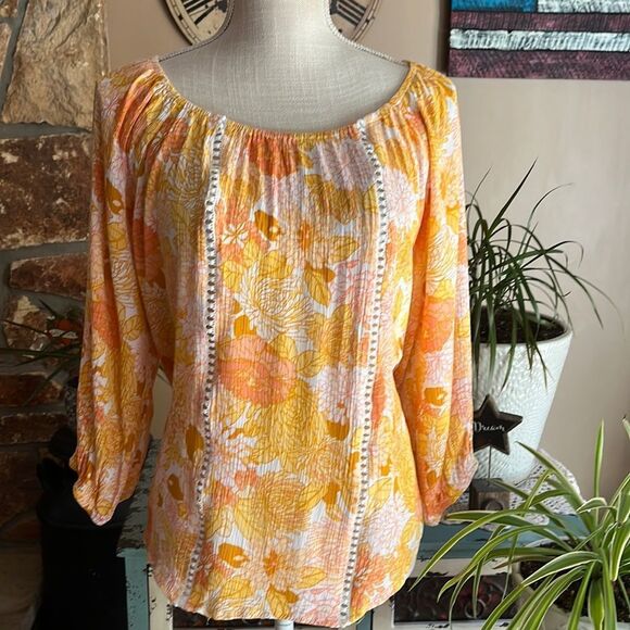 Adrienne Vittadini Orange and Yellow Floral Three-Quarter Sleeves Top Size 2X - Picture 1 of 13